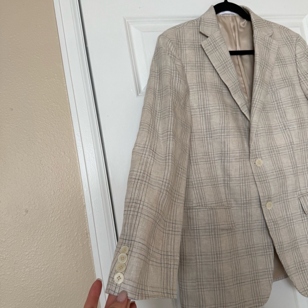 Lauren Ralph Lauren Linen Sport Coats Mens 38R UltraFlex Tan Blue Plaid - Picture 4 of 13